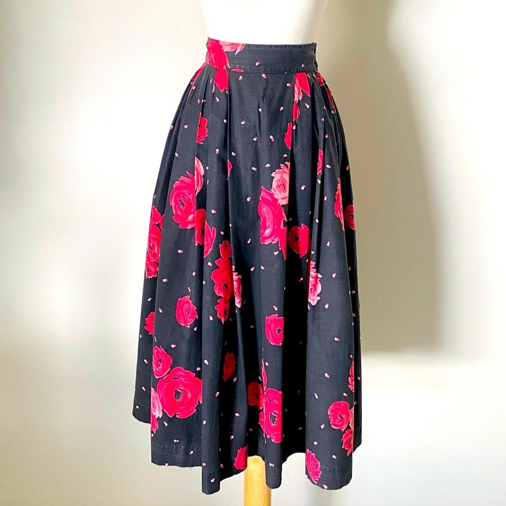 Vintage 1950s Black & Pink Floral Cotton Skirt XS